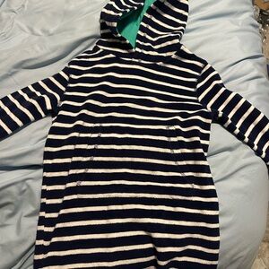 Mini Boden Teal and Navy Striped Hooded beach cover-up.